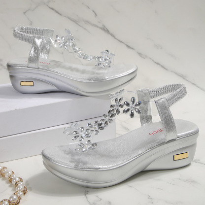 Women's Fashion Flower Rhinestone Elastic Band Platform Wedge Sandals