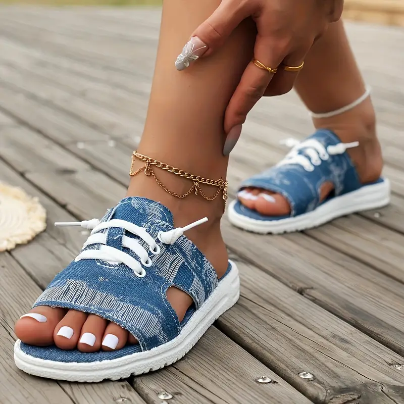 denim canvas sandals distressed cut style casual summer slip details 2