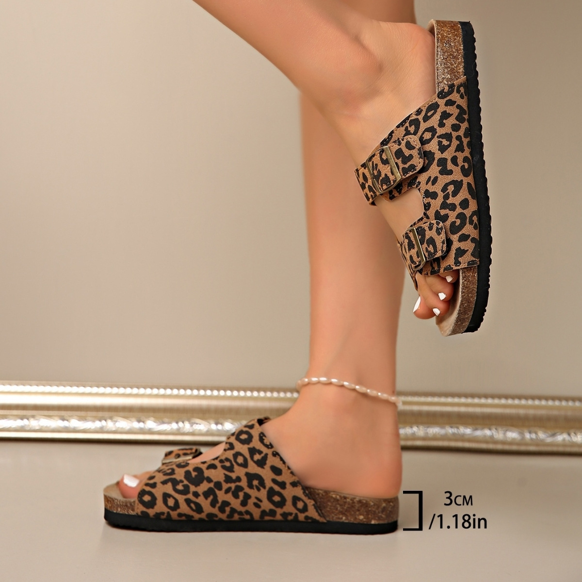 Women's Leopard Print Double Adjustable Buckle Cork Footbed Slide Sandals