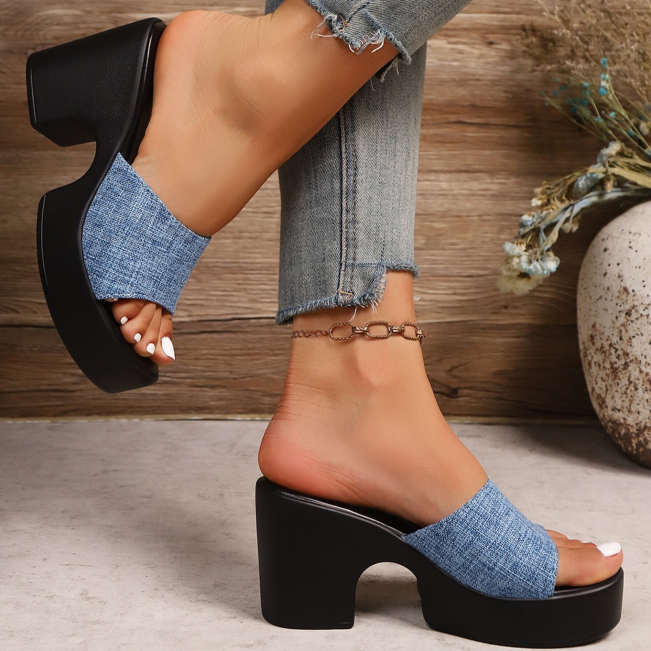 Women's Fashion & Elegant Denim Chunky Heel Sandals