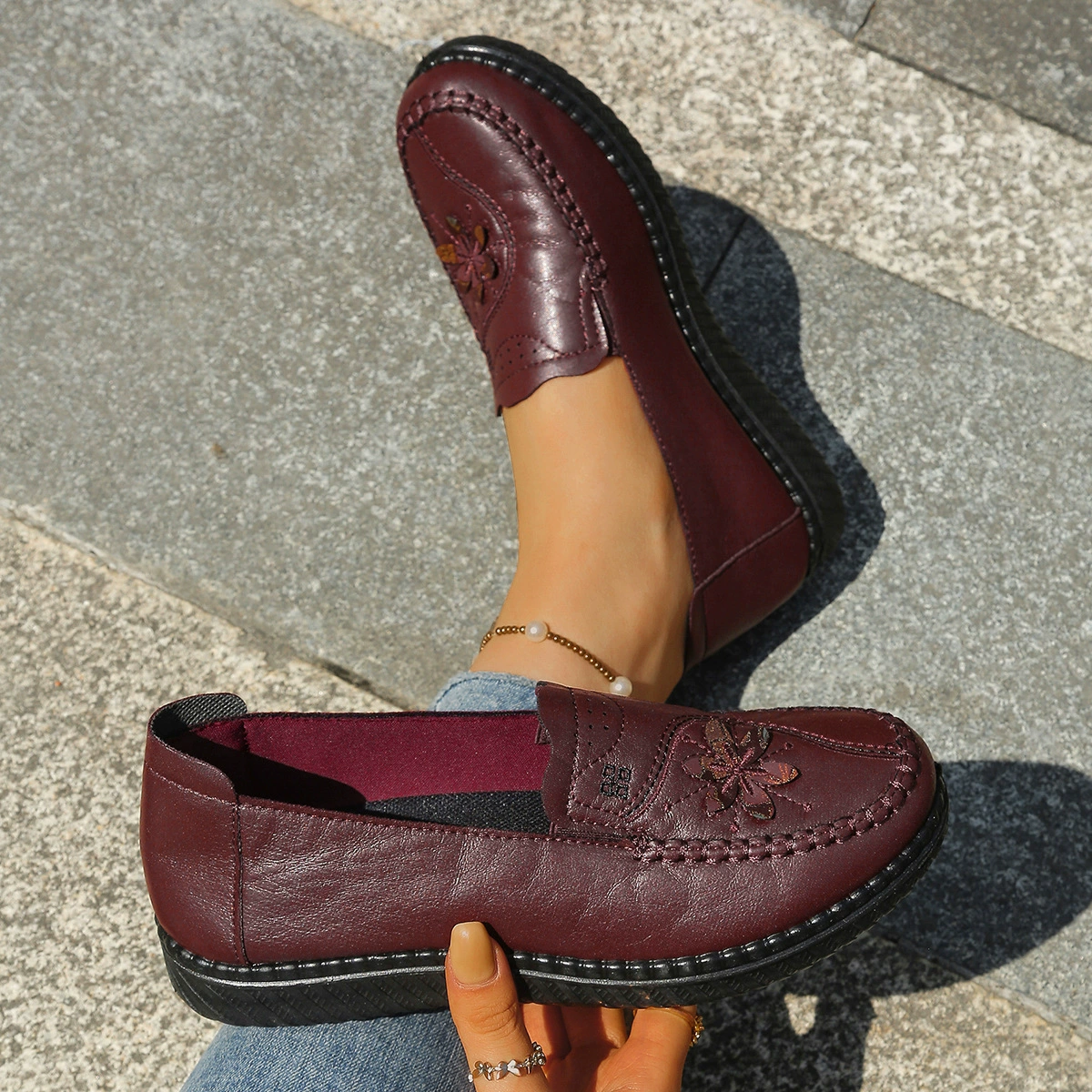 Women's Floral Embroidery Slip‑On Loafers Walking Shoes