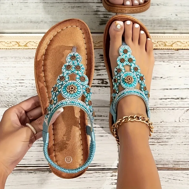 Women's Shiny Bohemian-Style Floral Beach Flat Sandals