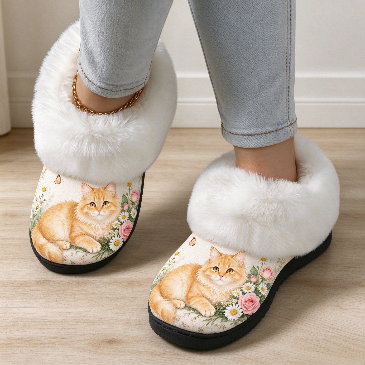 Women's Cosy Cat Print Fleece Slippers Indoor/Outdoor Shoes Boots
