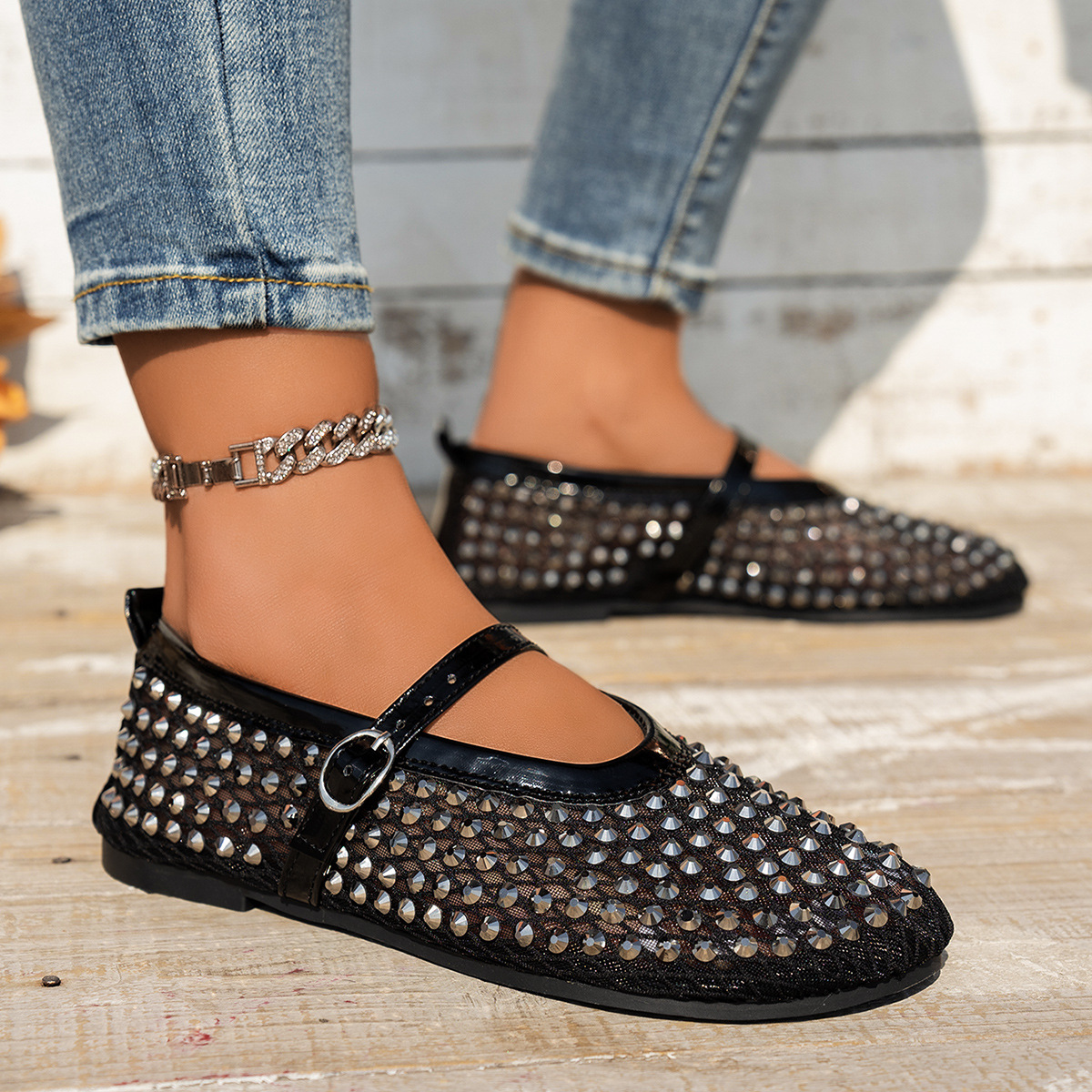 Women's Shiny Rhinestone Mesh Mary Jane Flats Party Shoes