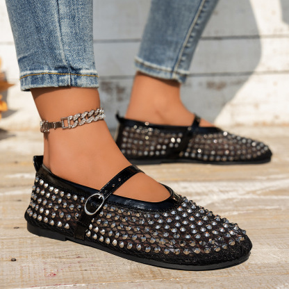 Women's Shiny Rhinestone Mesh Mary Jane Flats Party Shoes