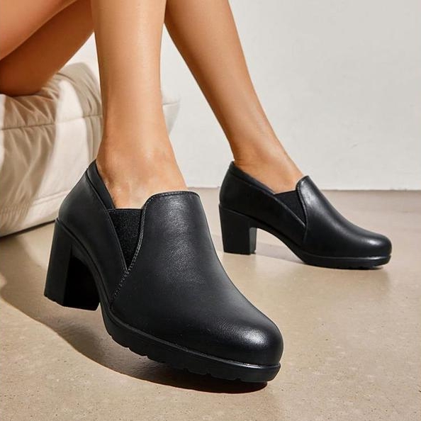 Women’s Stretch Side Leather Chunky Heel Slip‑On Shoes