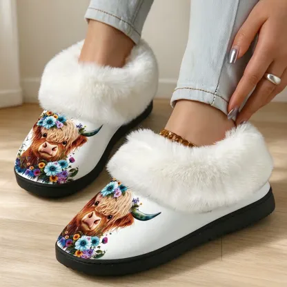 Women's Highland Cow Floral Cosy Furry Slippers Indoor/Outdoor Shoes