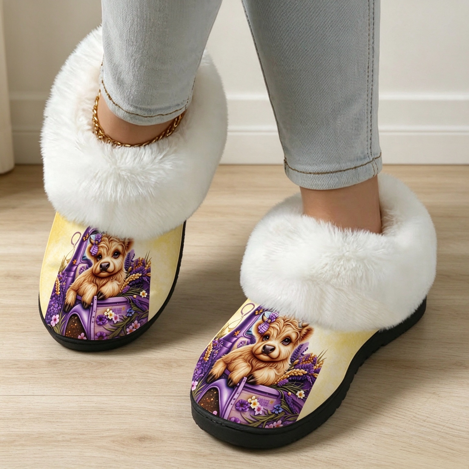 Women’s Highland Cow Floral Furry Slippers Warm Winter Non-slip Indoor/Outdoor Shoes