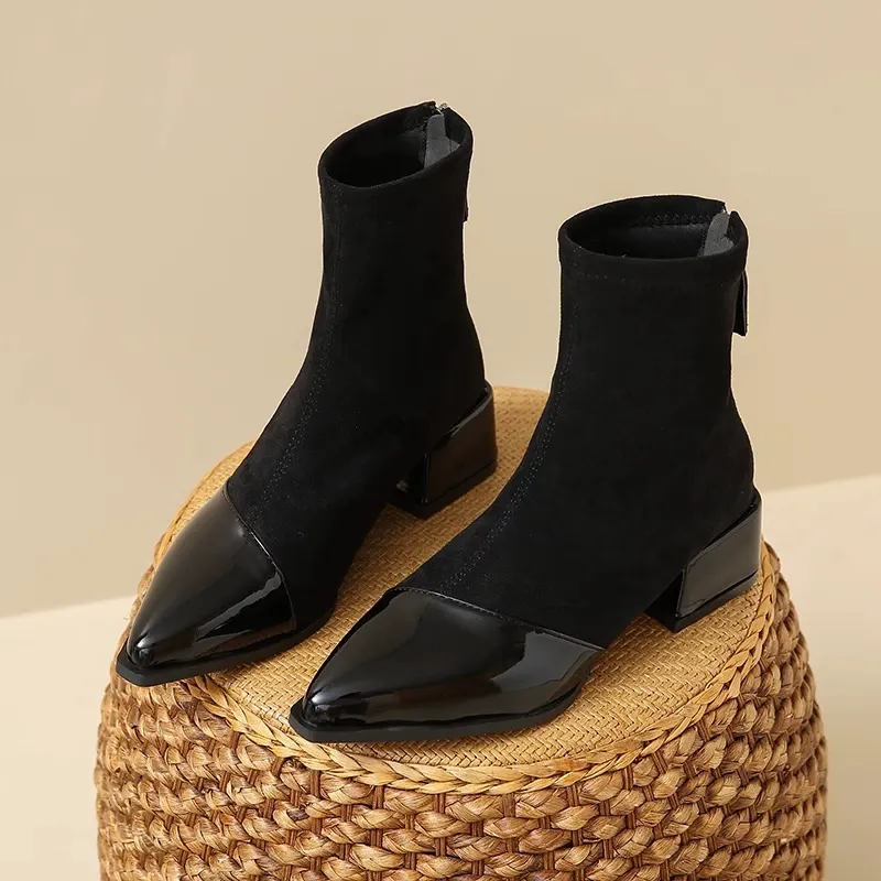 Women's Pointed Toe Block Heel Zip‑Up Dress Boots