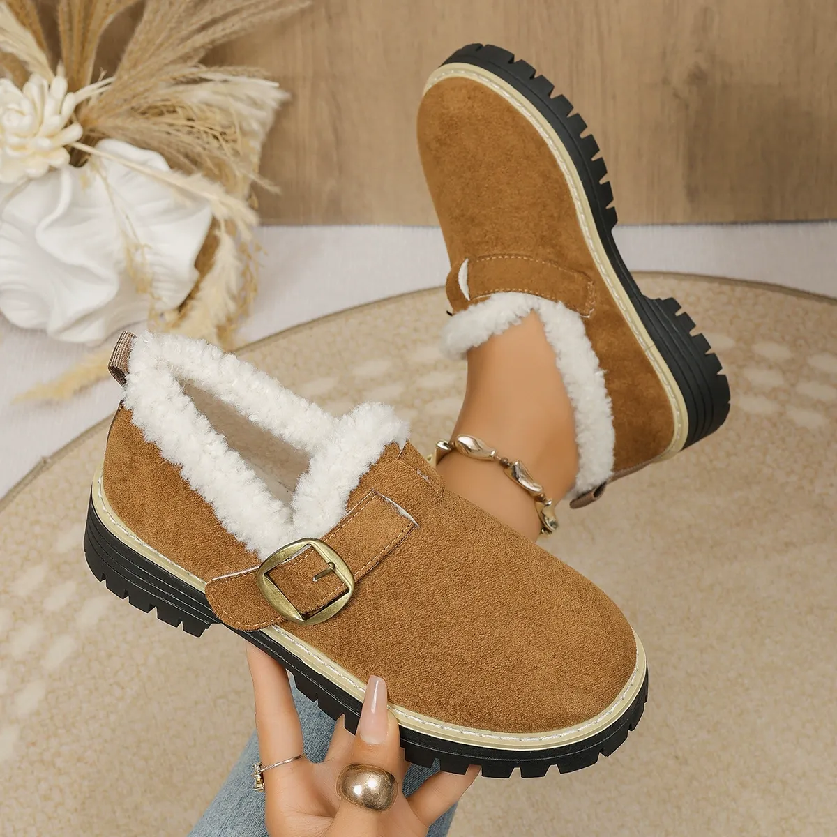 Women's Fleece Lined Anti‑Slip Chunky Winter Shoes Outdoor Shoes