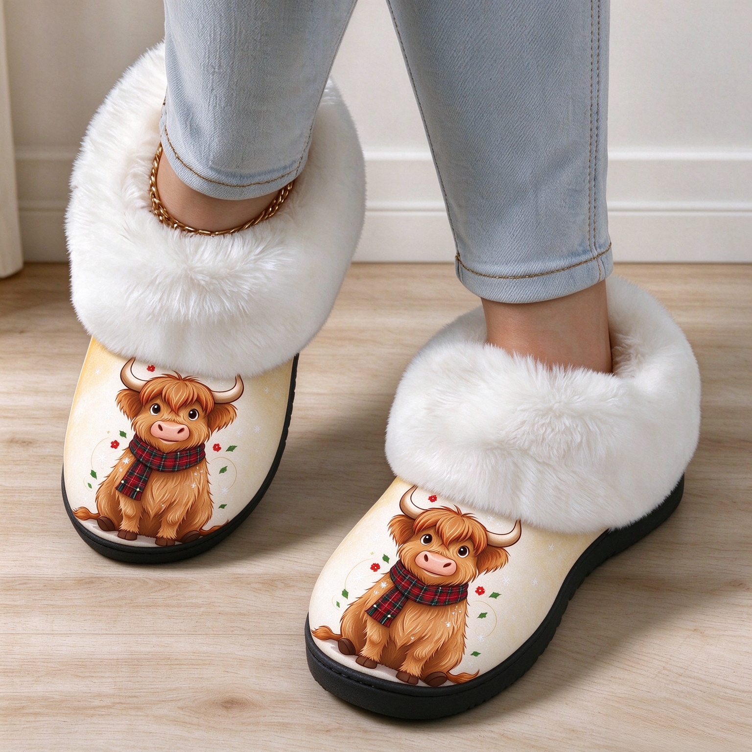 Women's Soft Fluffy Cuff Highland Cow Home Slippers