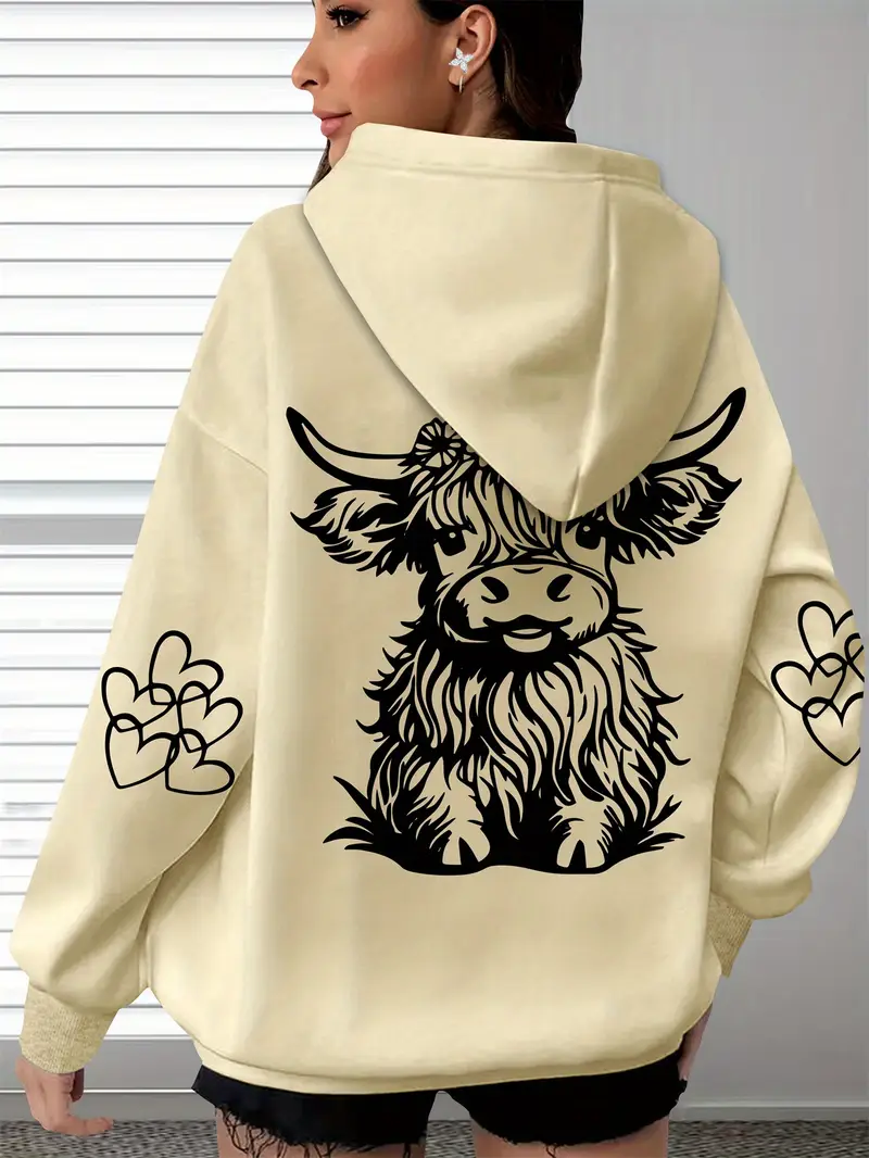 Women's Cozy Highland Cow Long Sleeve Hoodie Pullover Casual Wear for Everyday