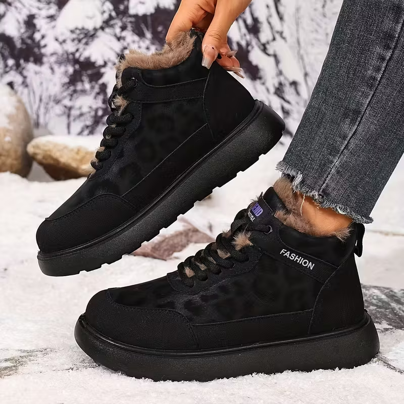 Women's Cozy Leopard Print Thick-Soled Winter Warm Plush Ankle Boots Outdoor Shoes for Home, Office, Casual 