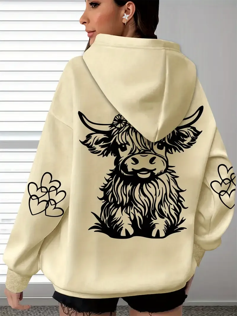 Women's Cozy Highland Cow Long Sleeve Hoodie Pullover Casual Wear for Everyday
