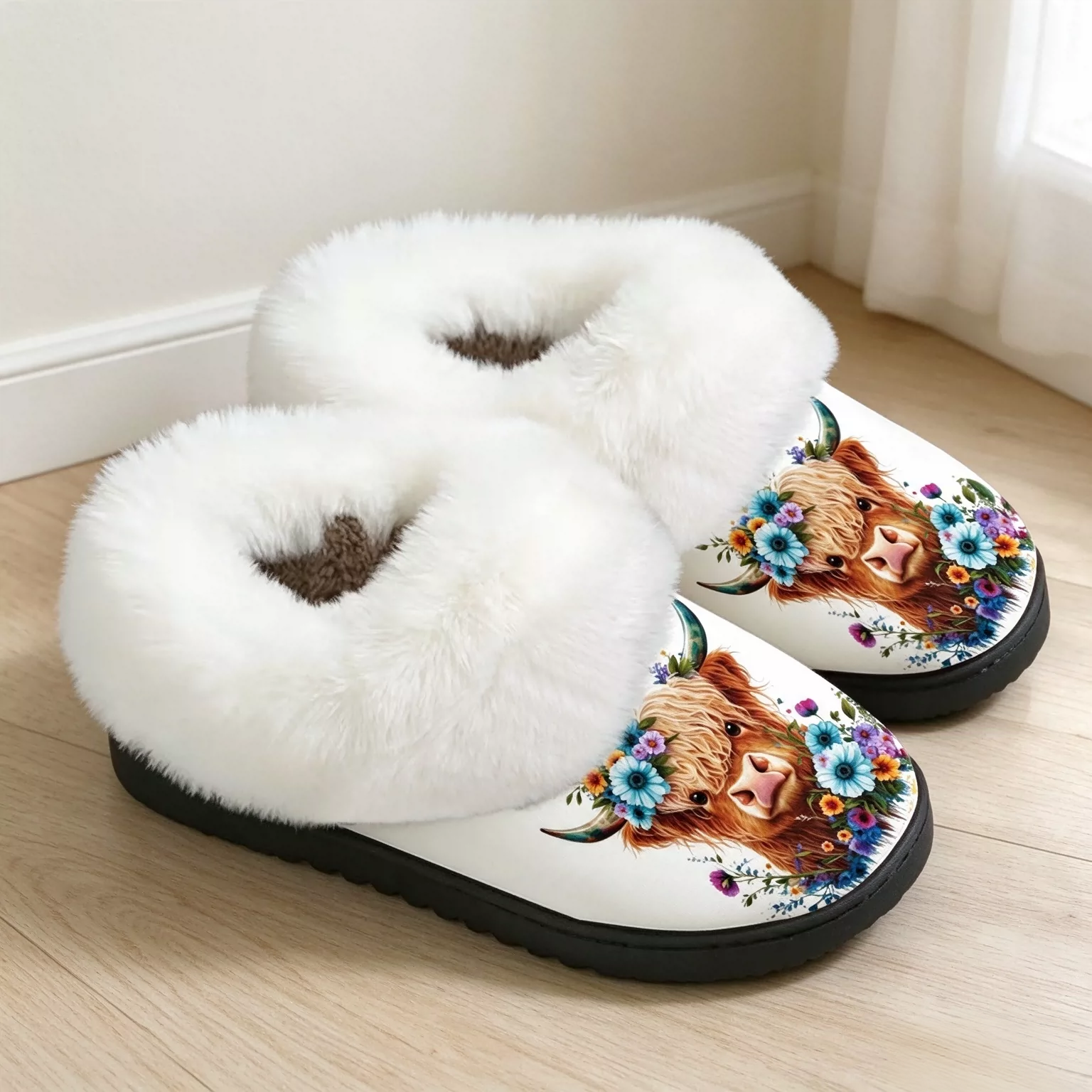 Women's Highland Cow Floral Cosy Furry Slippers Indoor/Outdoor Shoes
