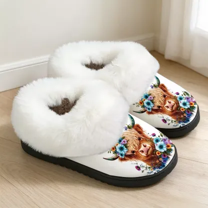 Women's Highland Cow Floral Cosy Furry Slippers Indoor/Outdoor Shoes