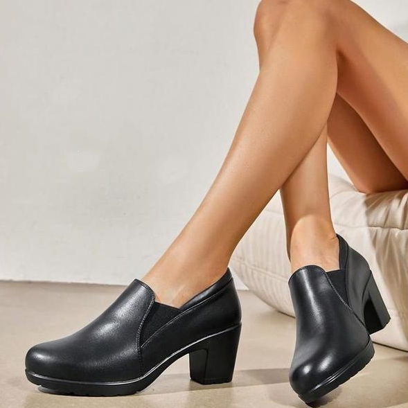 Women’s Stretch Side Leather Chunky Heel Slip‑On Shoes