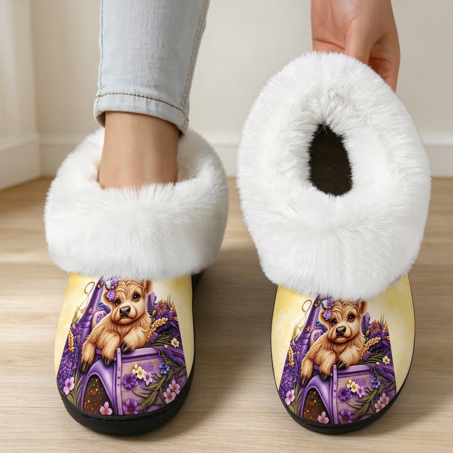 Women’s Highland Cow Floral Furry Slippers Warm Winter Non-slip Indoor/Outdoor Shoes