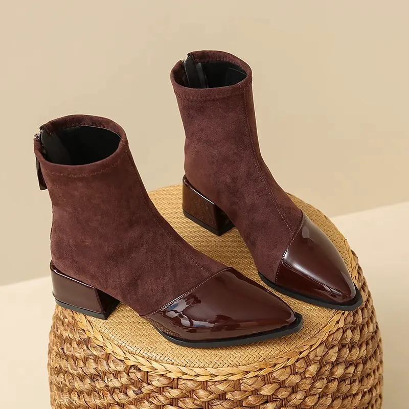 Women's Pointed Toe Block Heel Zip‑Up Dress Boots