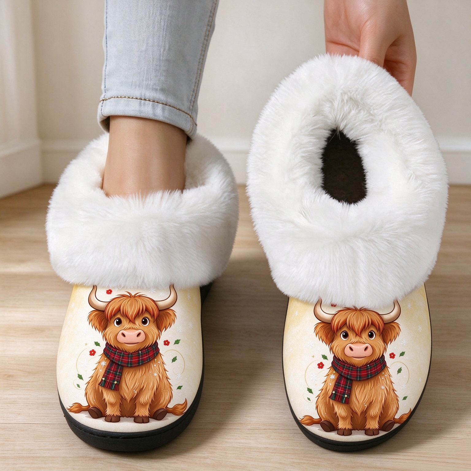 Women's Soft Fluffy Cuff Highland Cow Home Slippers