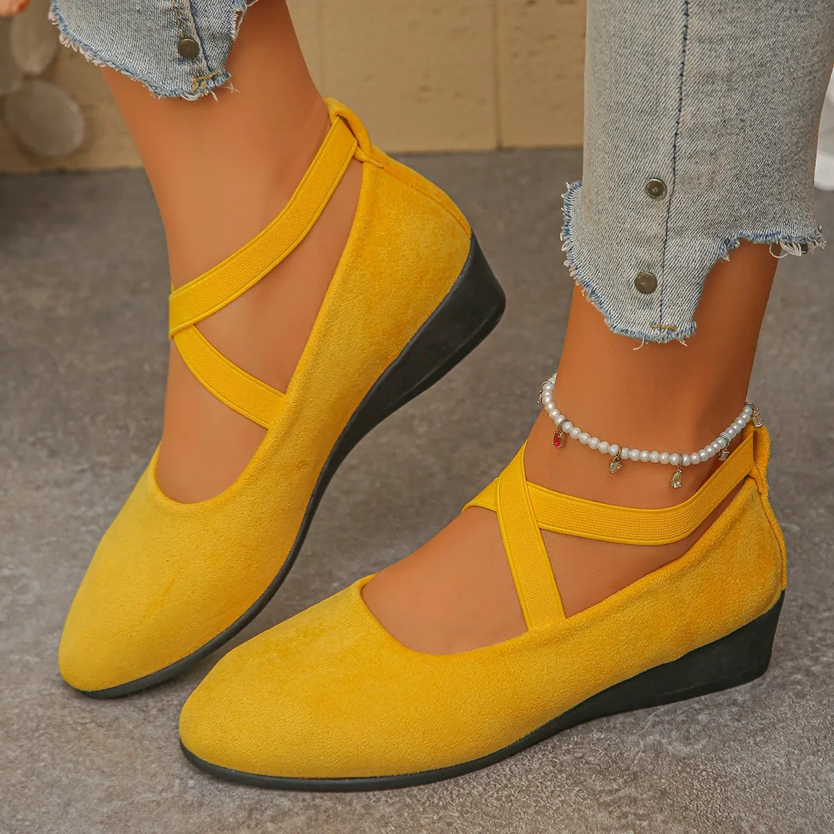 Women's Comfy Elastic Crisscross Strap Wedge Slip-On Shoes