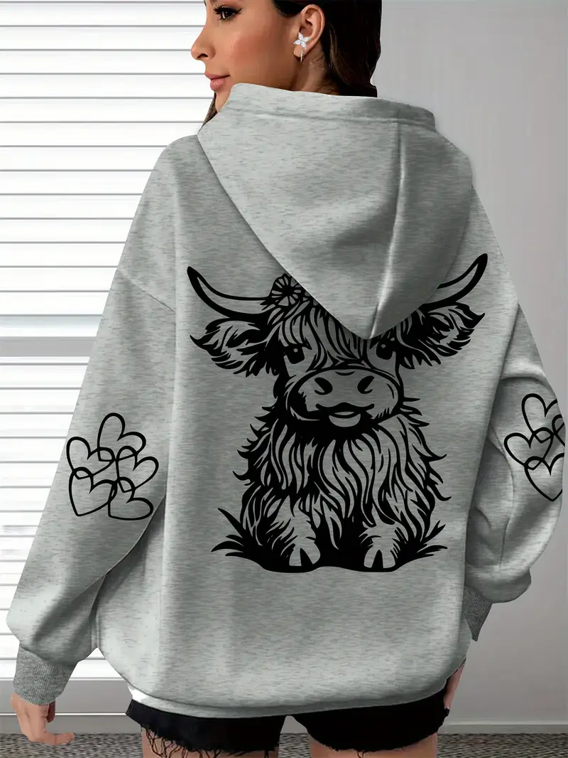 Women's Cozy Highland Cow Long Sleeve Hoodie Pullover Casual Wear for Everyday