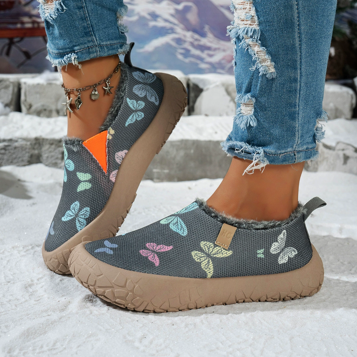Women's Butterfly Print Warm Fleece Lined Winter Slip‑On Shoes