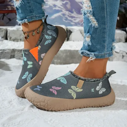 Women's Butterfly Print Warm Fleece Lined Winter Slip‑On Shoes