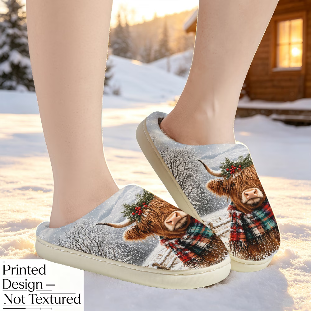 Women's Christmas Highland Cow Fleece Slippers