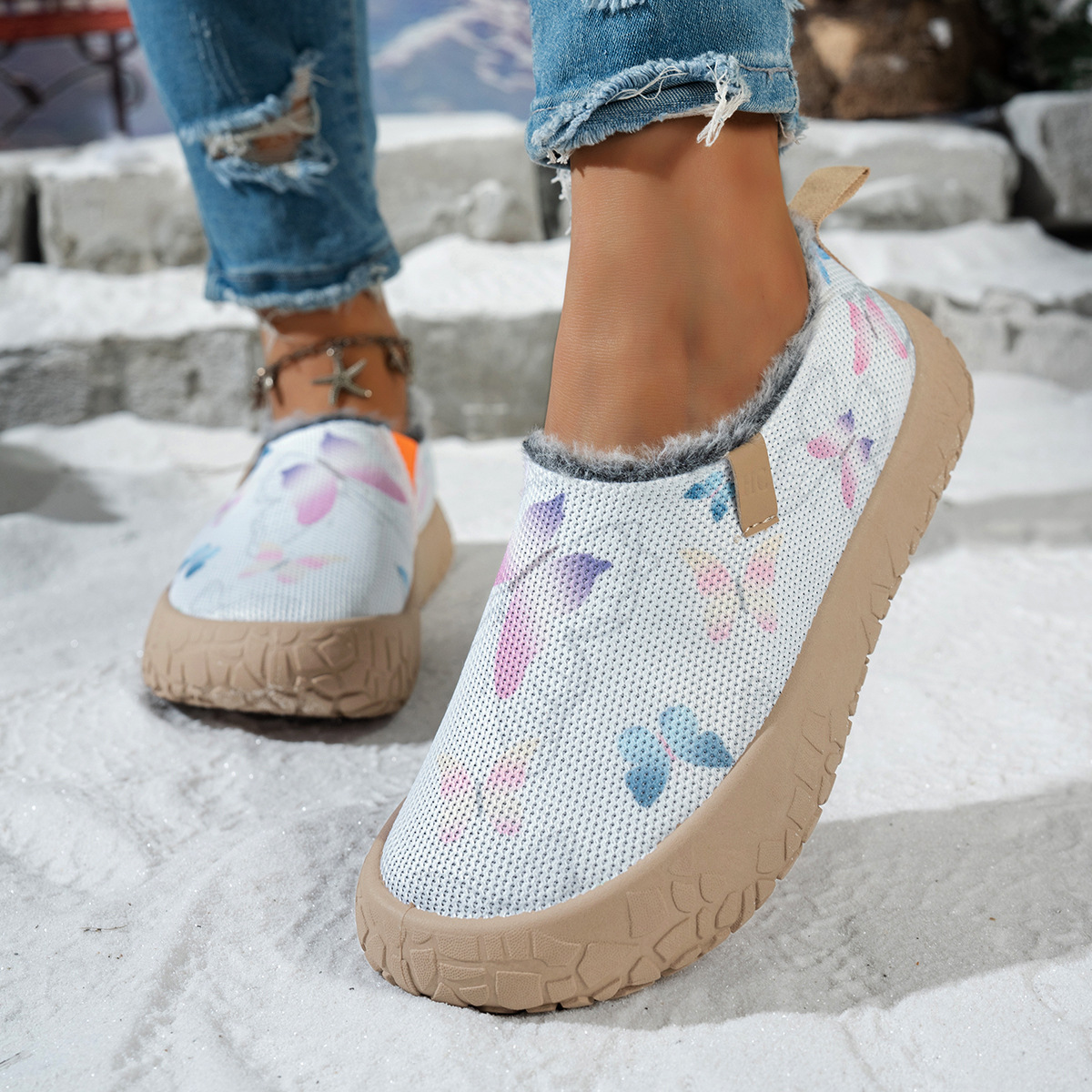 Women's Butterfly Print Warm Fleece Lined Winter Slip‑On Shoes