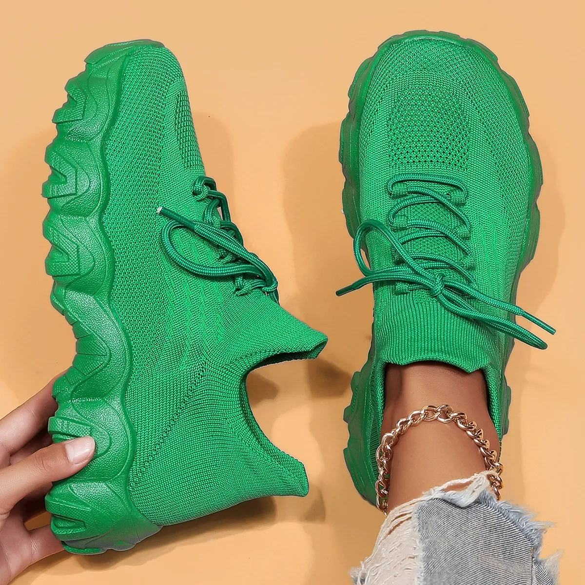 Women's Breathable Stretch Knit Thick Sole Slip‑On Trainers Walking Shoes