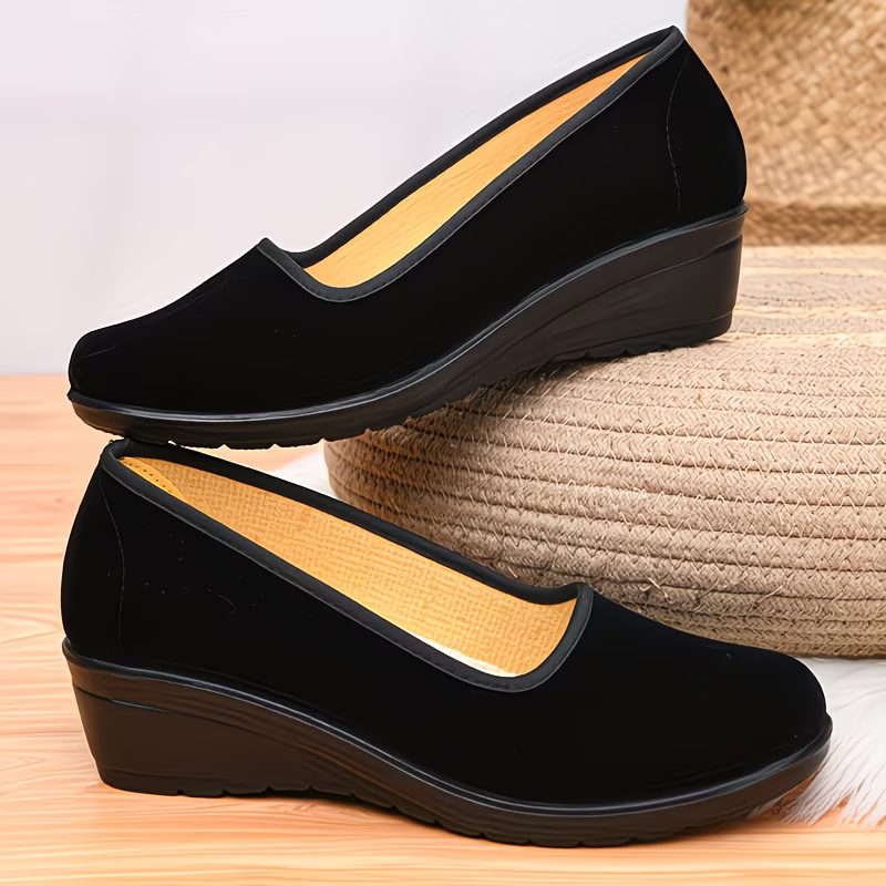Women's Classic Black Wedge Slip-on Shoes for Long Standing