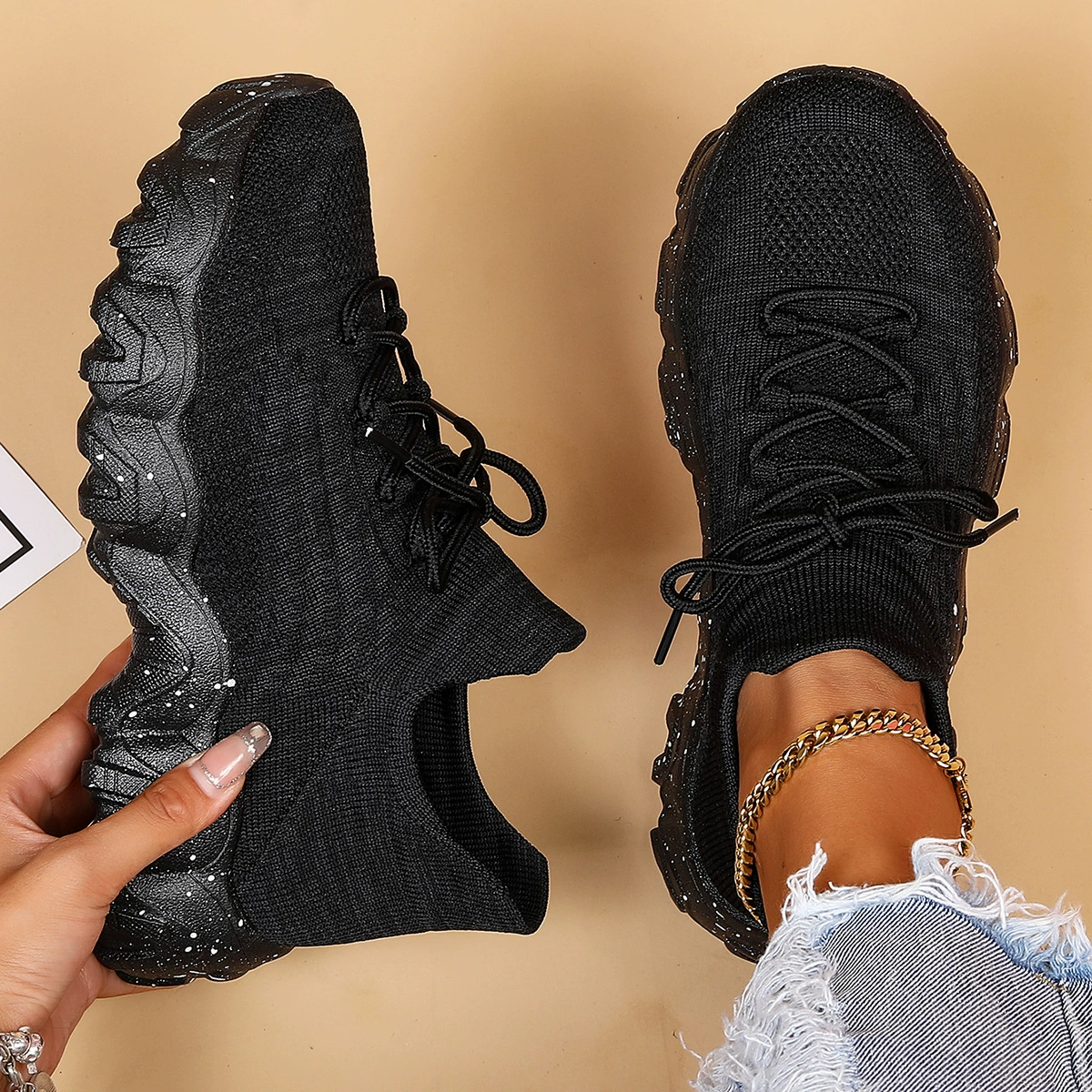 Women's Breathable Stretch Knit Thick Sole Slip‑On Trainers Walking Shoes