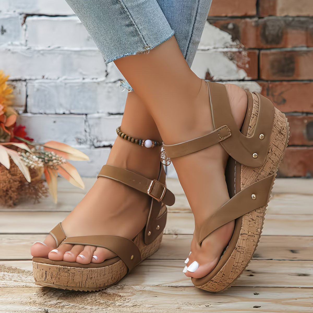 Women's Comfortable T-Strap Platform Wedge Sandals Flip-Flops
