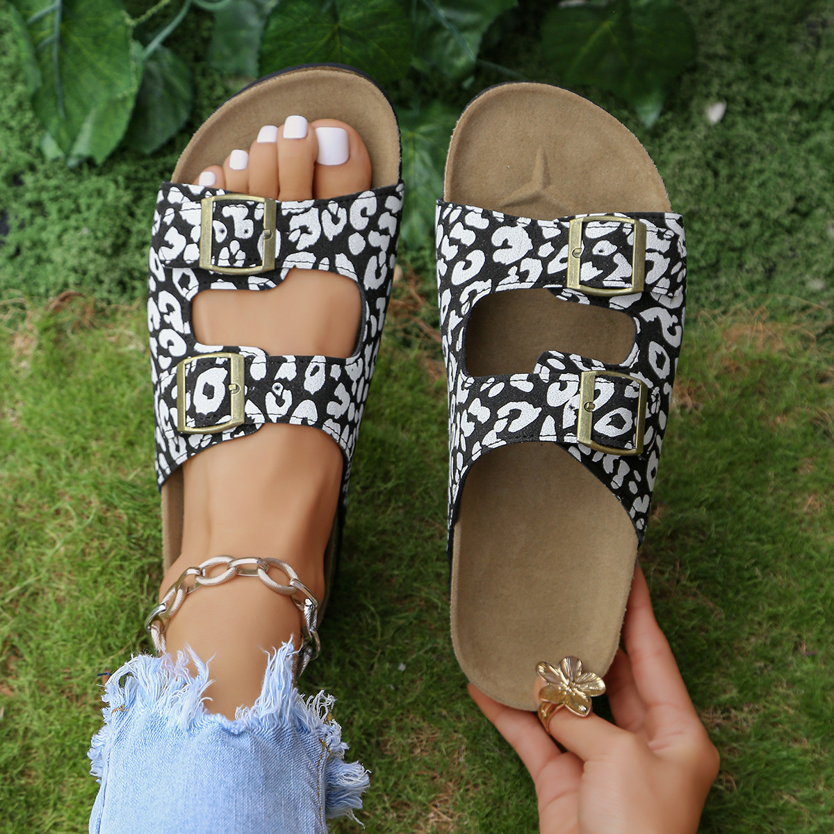 Women's Leopard Print Double Adjustable Buckle Cork Footbed Slide Sandals