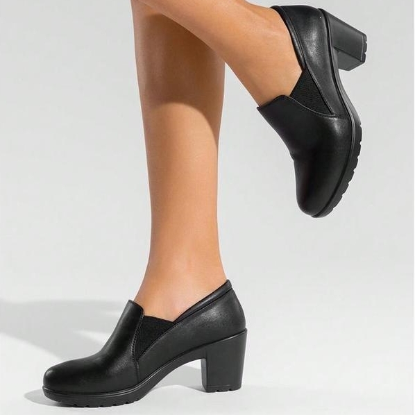 Women’s Stretch Side Leather Chunky Heel Slip‑On Shoes
