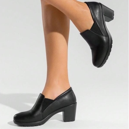 Women’s Stretch Side Leather Chunky Heel Slip‑On Shoes