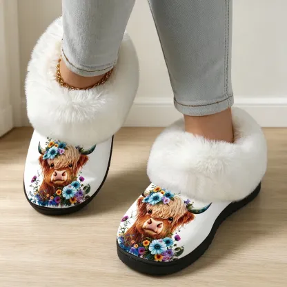 Women's Highland Cow Floral Cosy Furry Slippers Indoor/Outdoor Shoes