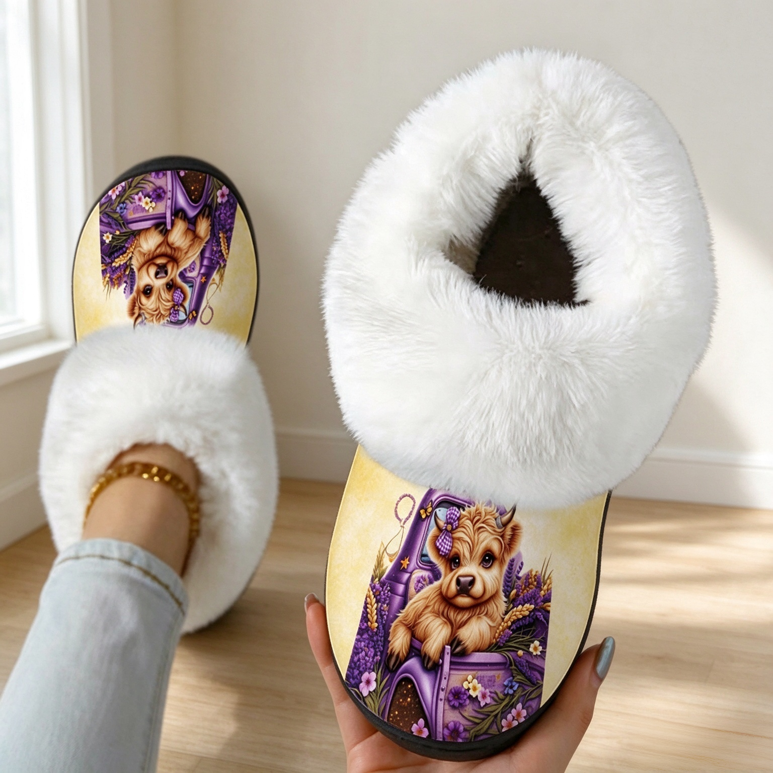 Women’s Highland Cow Floral Furry Slippers Warm Winter Non-slip Indoor/Outdoor Shoes