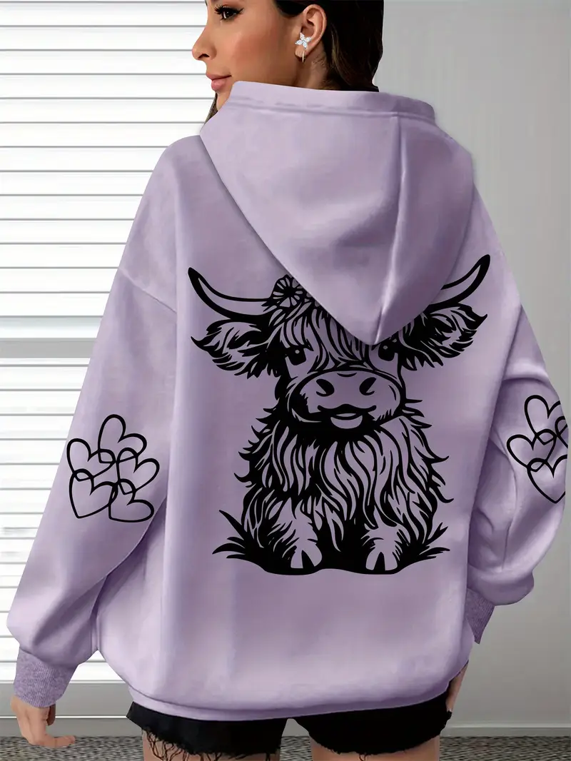 Women's Cozy Highland Cow Long Sleeve Hoodie Pullover Casual Wear for Everyday