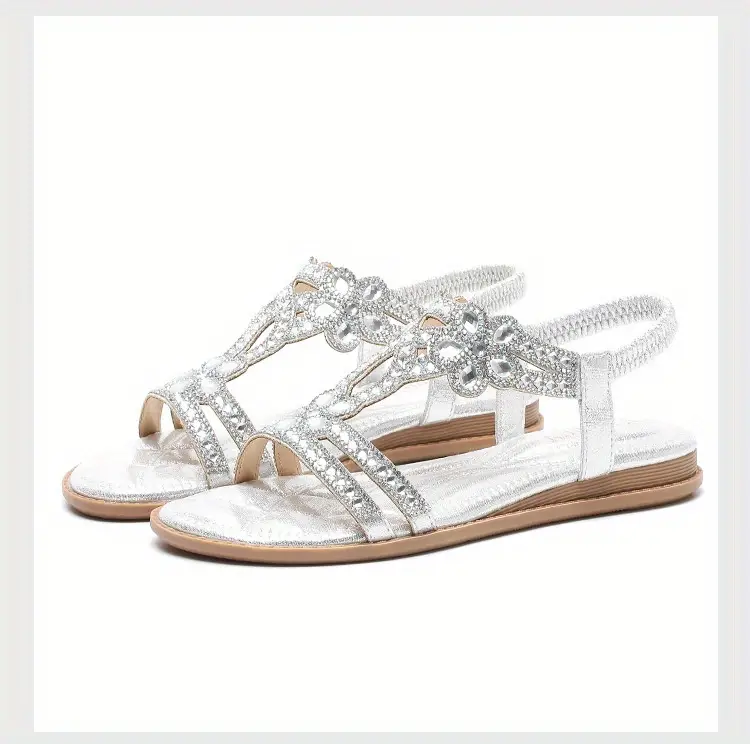womens rhinestone flat sandals boho style bling elastic strap slip on shoes casual beach sandals for music festival details 5