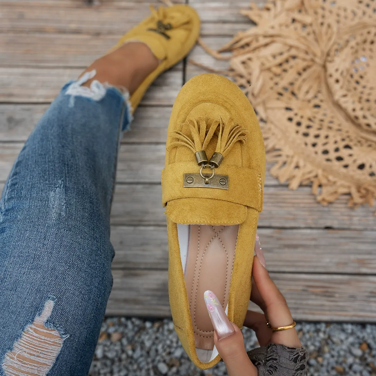 Women's Tassel Flat Loafers Slip-On Walking Shoes