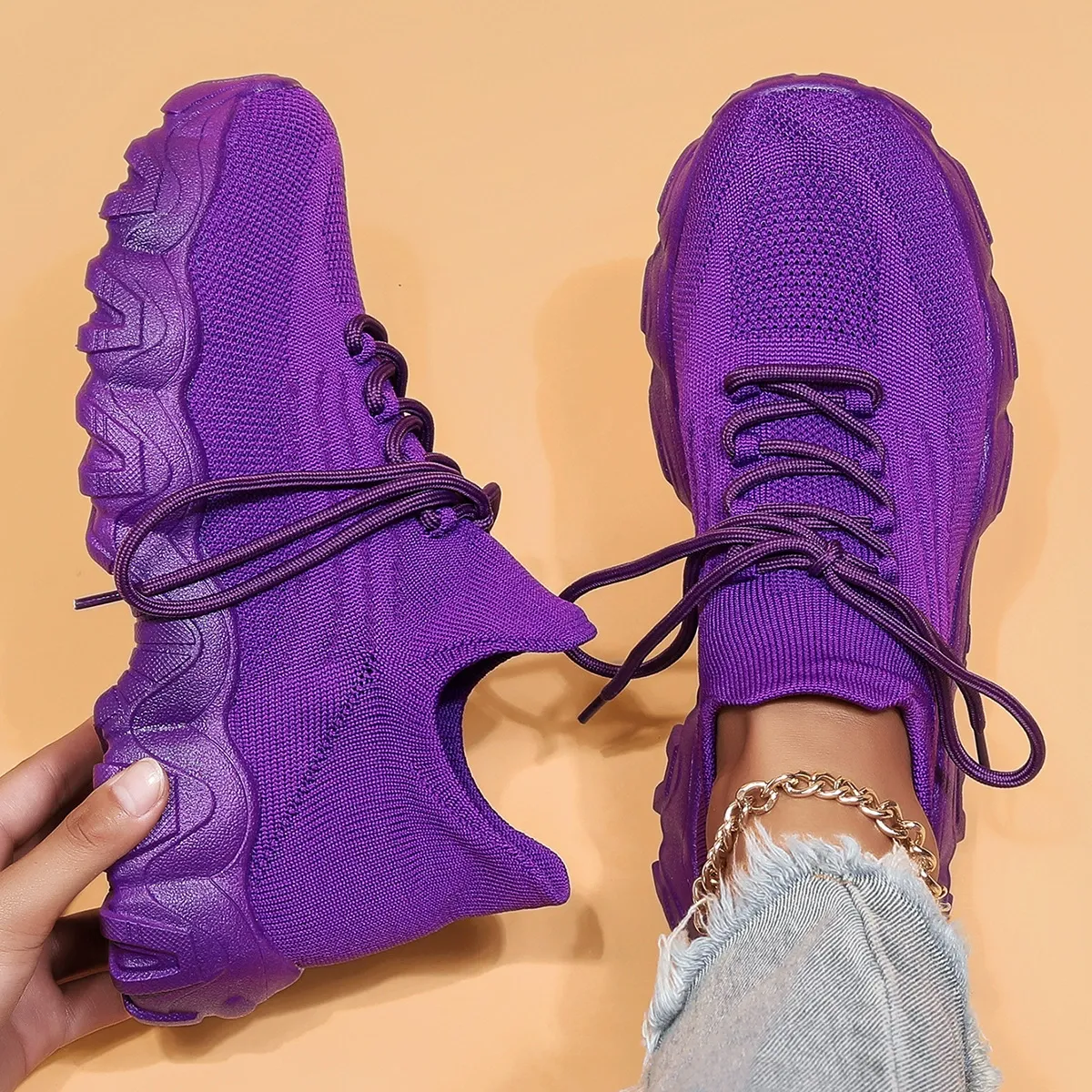 Women's Breathable Stretch Knit Thick Sole Slip‑On Trainers Walking Shoes