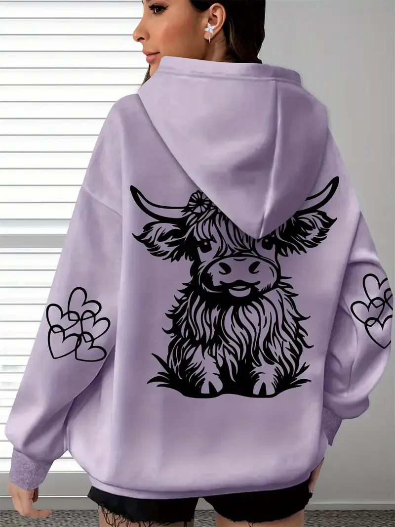 Women's Cozy Highland Cow Long Sleeve Hoodie Pullover Casual Wear for Everyday