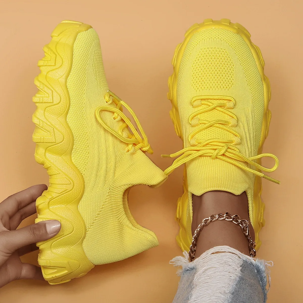 Women's Breathable Stretch Knit Thick Sole Slip‑On Trainers Walking Shoes