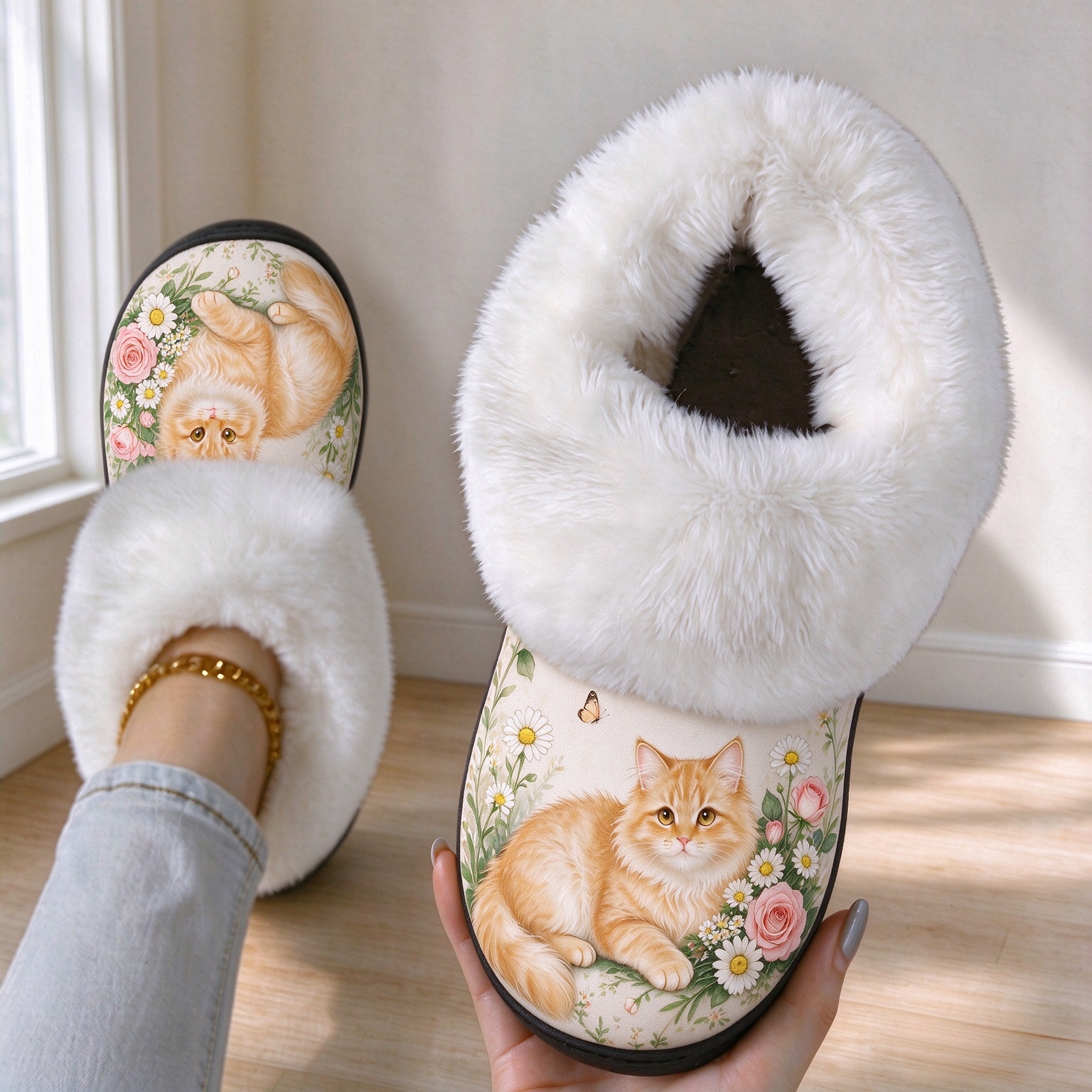 Women's Cosy Cat Print Fleece Slippers Indoor/Outdoor Shoes Boots