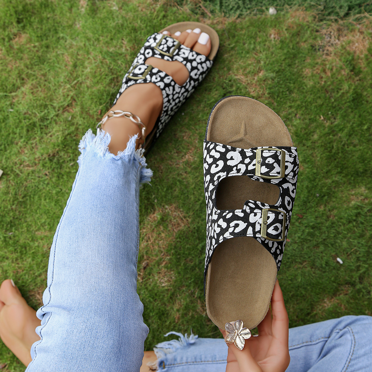Women's Leopard Print Double Adjustable Buckle Cork Footbed Slide Sandals