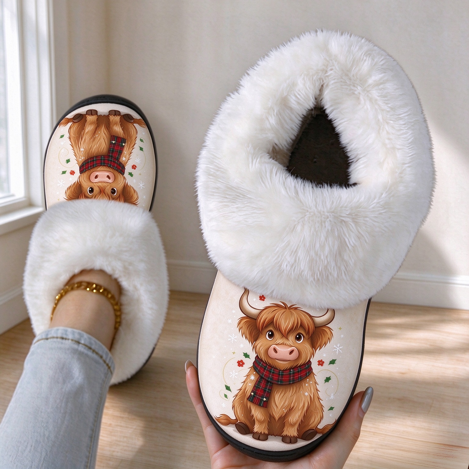 Women's Soft Fluffy Cuff Highland Cow Home Slippers