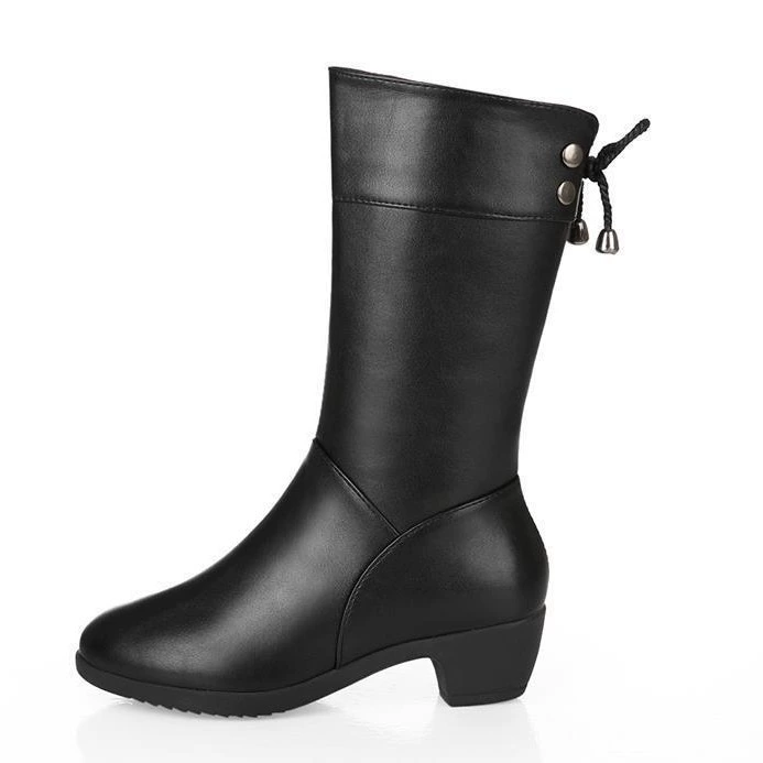 Women's Warm Fleece Lined Mid Calf Leather Winter Boots