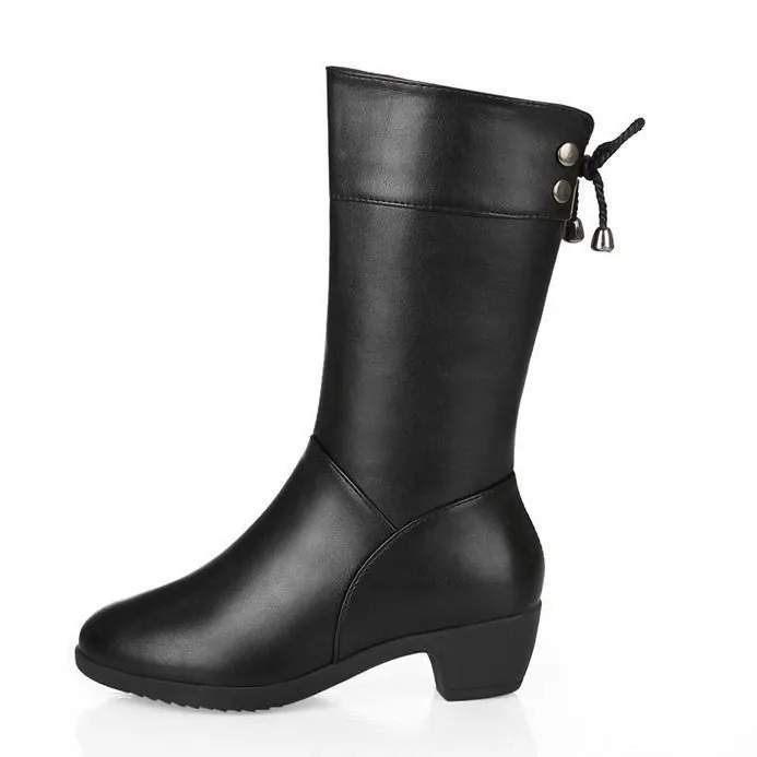 Women's Warm Fleece Lined Mid Calf Leather Winter Boots